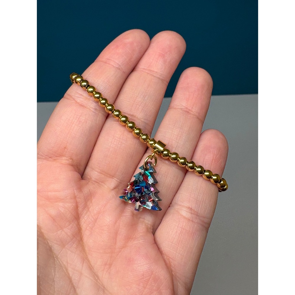 RC Roni Blanshay Gold Beaded Stretch Bracelet Multi Color Christmas Tree Charm